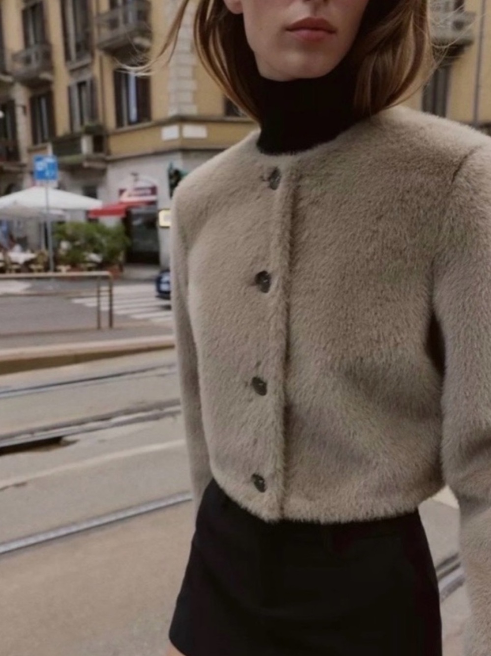 ZARA Faux Fur Collarless Cropped Jacket